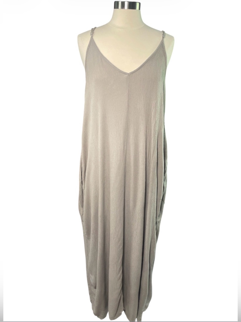 Neutral Taupe Crinkle Slip Maxi Dress